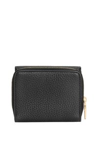 Czarny skórzany portfel o teksturowanej powierzchni, złote zapięcie na zamek, prostokątny kształt i kompaktowy design.