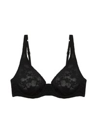 Sutien din dantelă neagră cu cupe triunghiulare, curele ajustabile și un model floral texturat. Bandă inferioară netedă pentru o potrivire confortabilă.