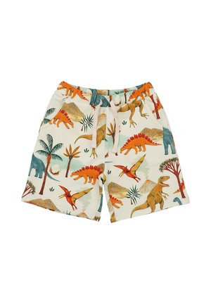 Children's beige shorts with elastic waistband and dinosaur print featuring T-Rex, Stegosaurus, Pterodactyl, palm trees, and volcanoes.