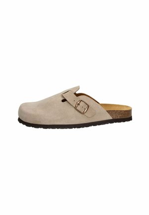 Beige suede clogs with an adjustable buckle, open back, and textured rubber sole. Features a contoured cork footbed for comfort.