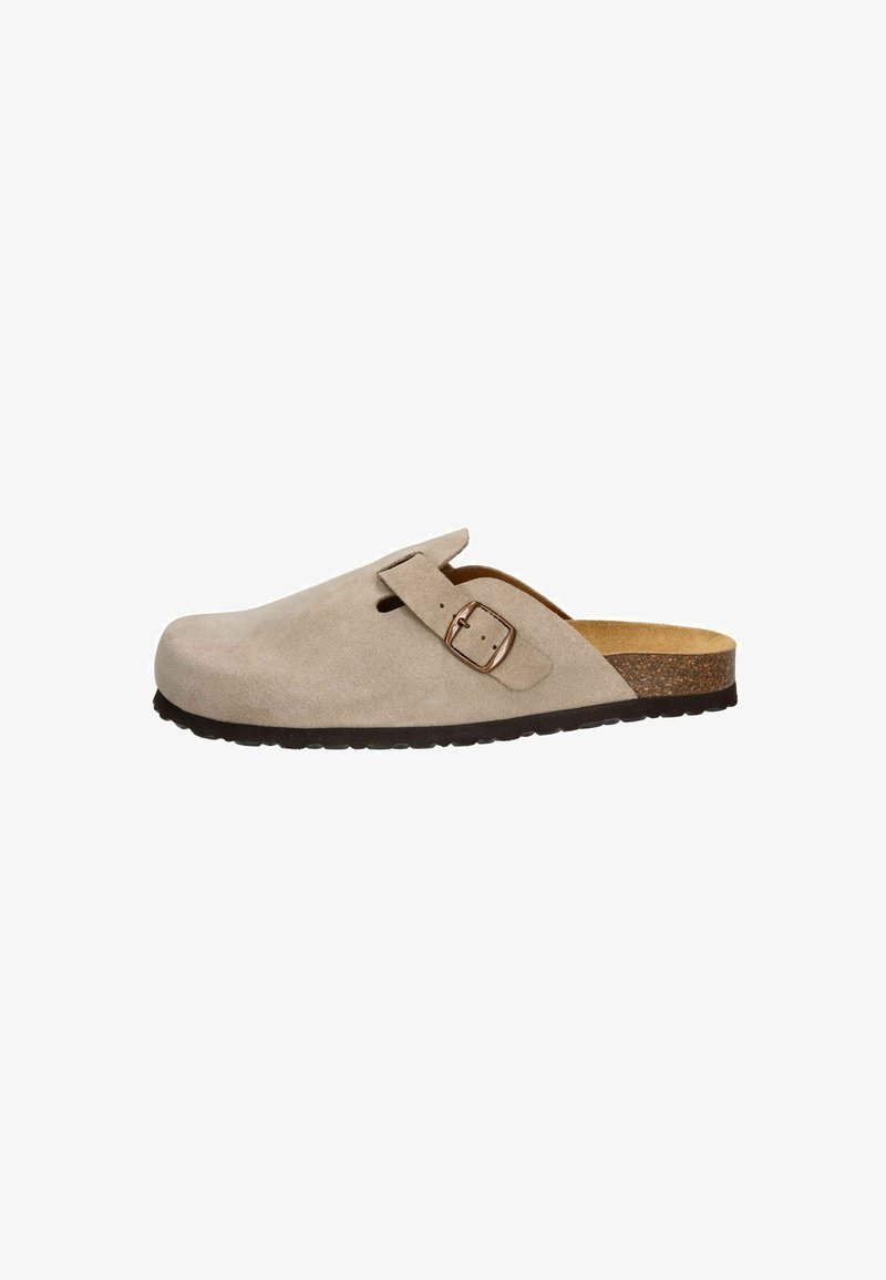 Beige suede clogs with an adjustable buckle, open back, and textured rubber sole. Features a contoured cork footbed for comfort.