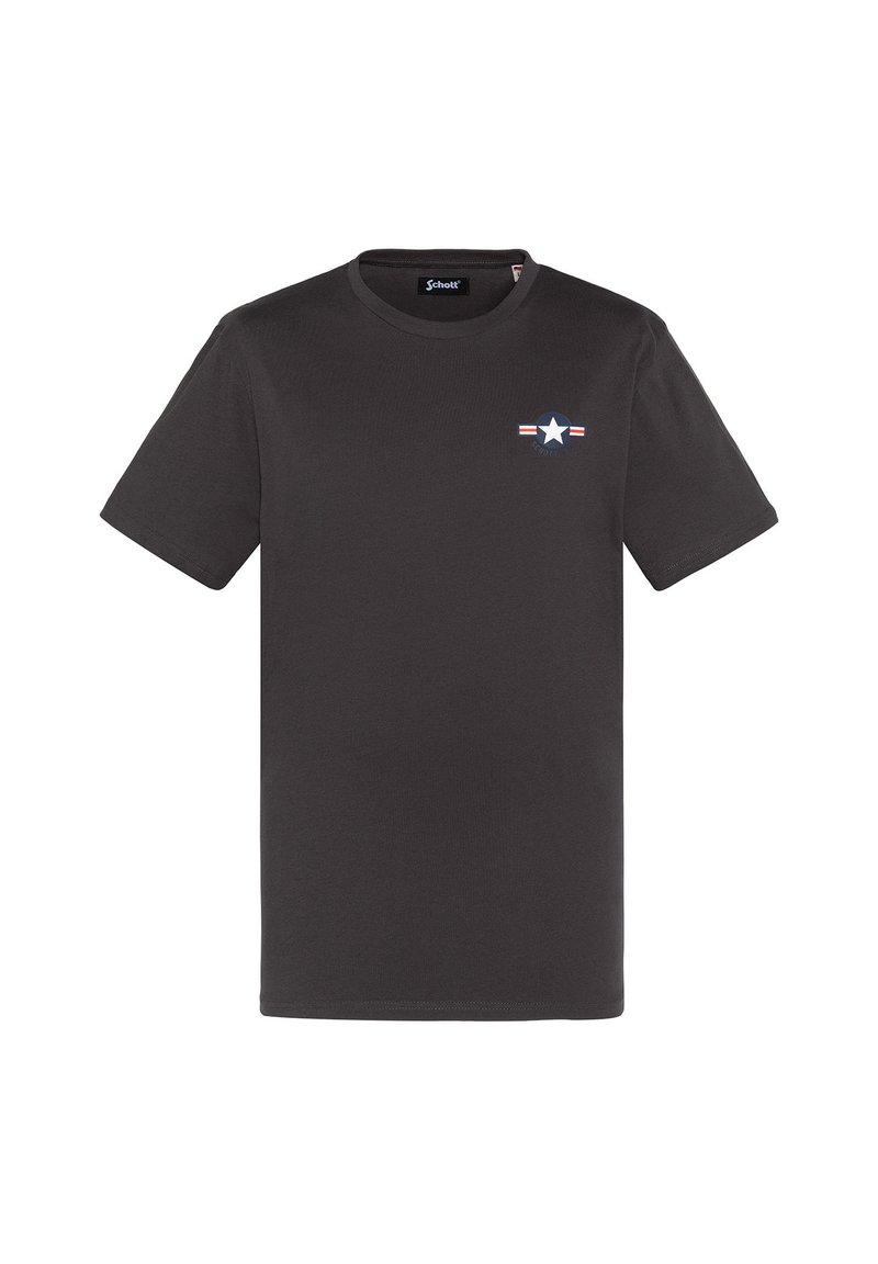 Camiseta de algodón negra de manga corta y cuello redondo. Presenta un pequeño logotipo de estrella azul con rayas rojas y blancas en el pecho.