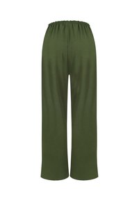 Pantalon vert olive à coupe ample avec une taille élastique et des jambes larges, montré de dos sur fond blanc.