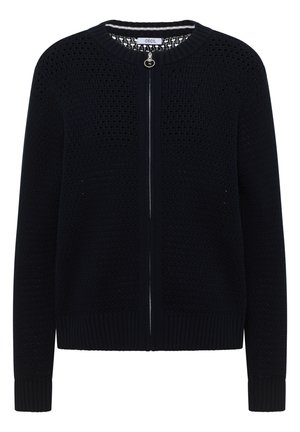 Cardigan noir en maille à manches longues avec fermeture éclair intégrale à l'avant et encolure ronde, présentant un motif texturé ainsi que des poignets et un ourlet côtelés.