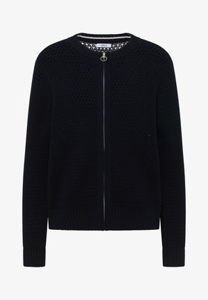 Cardigan noir en maille à manches longues avec fermeture éclair intégrale à l'avant et encolure ronde, présentant un motif texturé ainsi que des poignets et un ourlet côtelés.
