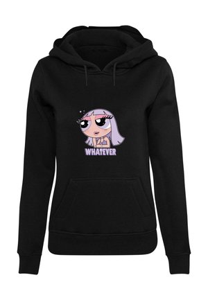 Black hoodie made of cotton blend, featuring a front pocket and drawstring hood. Displays a cartoon character graphic with the text "WHATEVER".