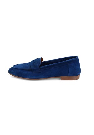 Blue suede loafers with a rounded toe, slight heel, and stitched detailing on the front. Smooth interior lining with a solid brown outsole.
