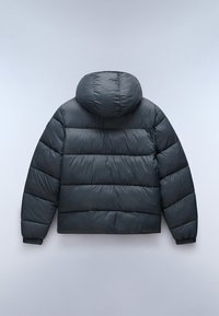 Giacca a vento grigia scura con cappuccio, caratterizzata da un design trapuntato e polsini elasticizzati. Materiale liscio e lucido, di consistenza morbida.
