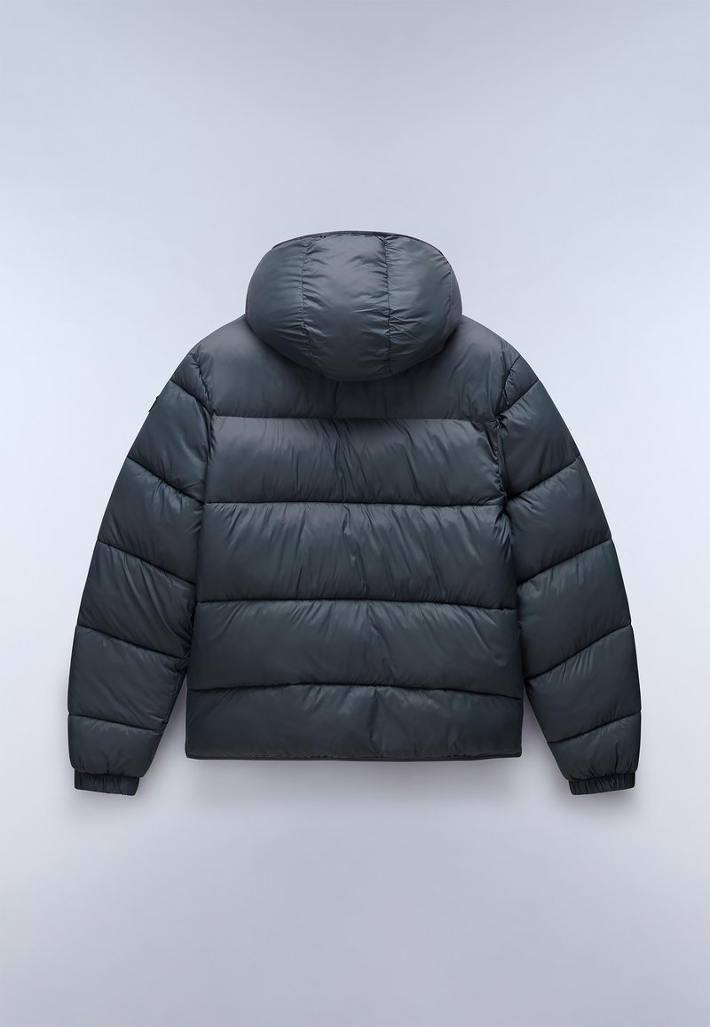 Dunkelgraue Daunenjacke mit Kapuze, die ein gestepptes Design und elastische Bündchen aufweist. Glattes, glänzendes Material, weiche Textur.