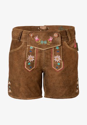 Braune Wildledershorts mit floralem Stickdesign in Pink und Blau, ausgestattet mit dekorativen Knöpfen und seitlicher Schnürung. Traditionelles bayerisches Design.