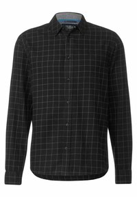 Svart rutigt skjorta med långa ärmar, knäppning framtill och rundad nederkant. Tillverkad av mjukt material med grå rutlinjer.