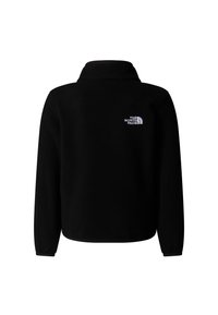 Pulover negru din fleece cu guler înalt, având un mic logo alb în partea superioară stângă a spatelui. Textură moale, cu mâneci lungi și tiv drept.