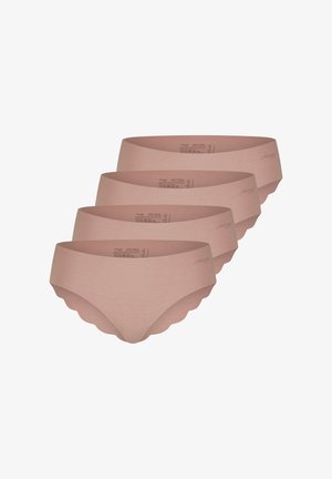 Quatre culottes hipster beiges sans coutures pour femmes, avec des bords festonnés, empilées de manière décalée.