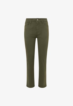 Olijfgroene cropped broek van zacht materiaal, voorzien van een ritssluiting met een knoop, voorzakken en een recht model.