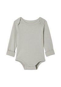 Long-sleeve baby bodysuit in light grey cotton. Features a round neckline, folded cuffs, and snap closures at the bottom. Smooth texture.