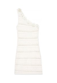 Valge heegelkleit ühe õlaga disainiga. Omab tekstuuriga triibusid, lilleaktsente kaeluses ja sobivat siluetti.