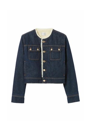 Veste en denim avec une coupe courte, couleur bleu foncé, doublure en shearling, quatre poches avant et boutons en métal doré.