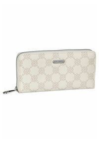 Leather wallet in off-white with embossed geometric pattern. Features a zip closure and silver-tone hardware. Compact, rectangular shape.