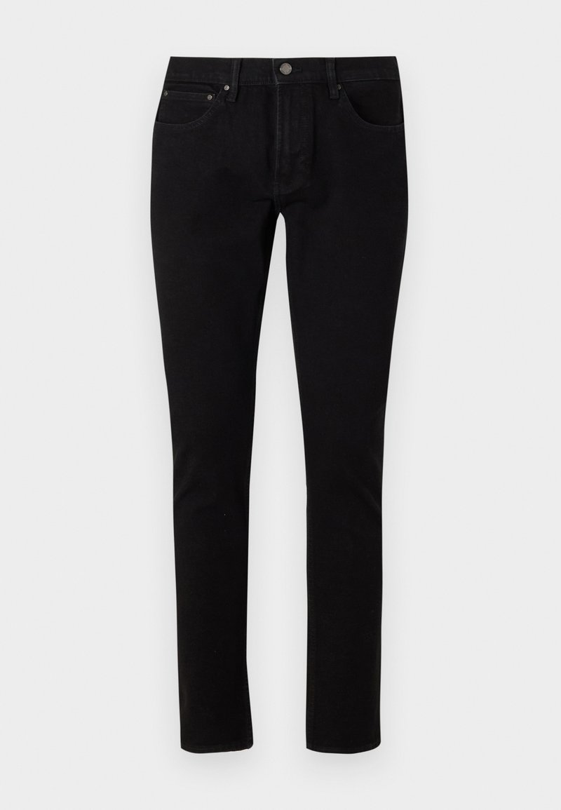 Schwarze Jeans aus Denim mit Slim-Fit, ausgestattet mit einem normalen Bund, fünf Taschen und metallischen Akzenten. Glatte, leicht dehnbare Textur.