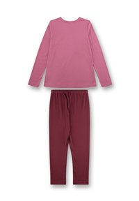 Lange mouwen, lichtroze top gecombineerd met donkerbordeaux leggings. Beide stukken hebben een zachte, gladde textuur en een eenvoudig ontwerp.