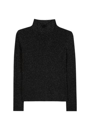Black turtleneck sweater with a ribbed texture and a subtle sparkle. Features long sleeves and a fitted design, ideal for layering.