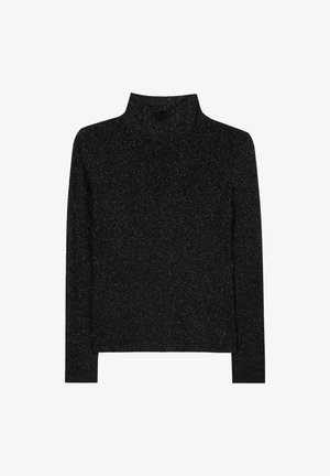 Black turtleneck sweater with a ribbed texture and a subtle sparkle. Features long sleeves and a fitted design, ideal for layering.