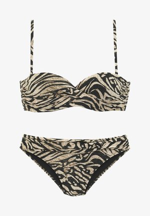 Ensemble de bikini comprenant un haut bandeau sculpté et un bas à taille mi-haute. Imprimé zèbre en noir et beige avec des détails froncés et des bretelles fines.