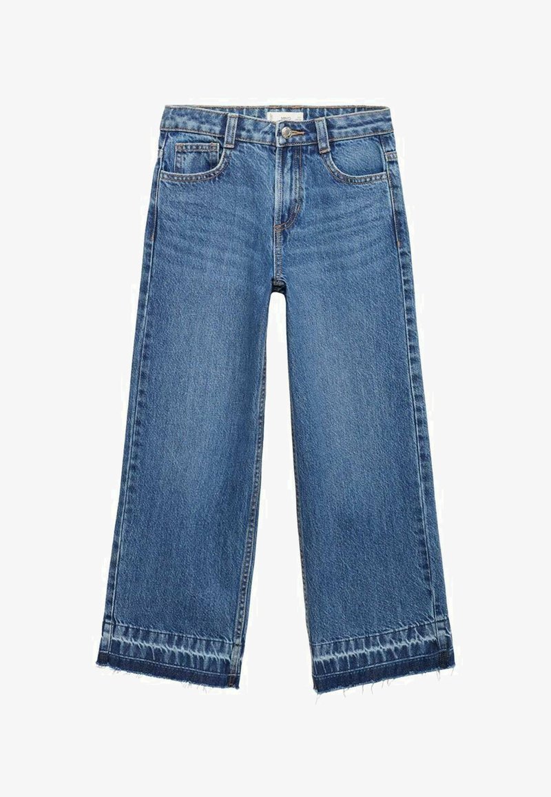 Jeans a gamba larga in denim azzurro chiaro con chiusura a bottone e quattro tasche. Presentano orlo sfilacciato e leggero sbiadimento per un tocco di texture in più.