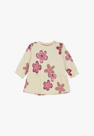 Crème-kleurige babyjurk met lange mouwen en roze bloemenpatronen, met een geraffineerde taille en drukknoop op de schouder.