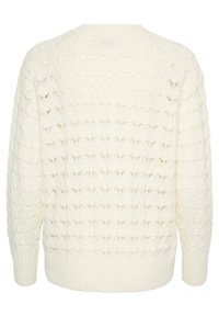Cream-colored knitted sweater featuring a textured pattern with open stitches, rounded neck, and ribbed cuffs and hem. Back view shown.