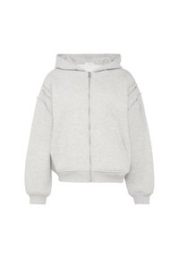 Graue Reißverschluss-Hoodie aus weichem Stoff, mit Kapuze, Fronttaschen und Nietenverzierung an den Schultern. Bündchenärmel und Saum.