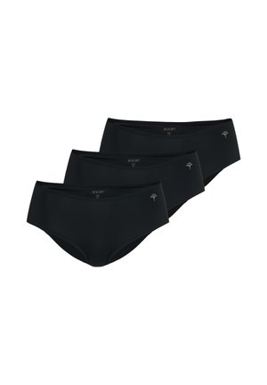 Trois culottes noires taille mi-haute sans coutures pour femmes avec petit logo argenté sur la hanche gauche, présentées superposées sur fond blanc.