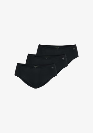 Trois culottes noires taille mi-haute sans coutures pour femmes avec petit logo argenté sur la hanche gauche, présentées superposées sur fond blanc.