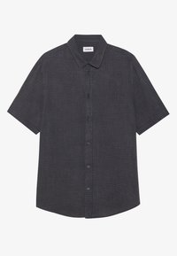Camicia a maniche corte con bottoni di colore grigio scuro, con un motivo a scacchi strutturato, orlo arrotondato e due chiusure a bottone sul davanti.
