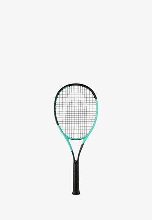 Racchetta da tennis con telaio nero e turchese e impugnatura nera, che mostra il motivo dettagliato delle corde su sfondo bianco.