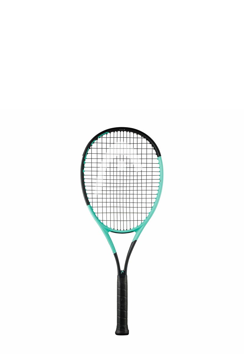 Tennisschläger mit schwarzem und türkisfarbenem Rahmen und schwarzem Griff, der das detaillierte Saitenmuster auf weißem Hintergrund zeigt.