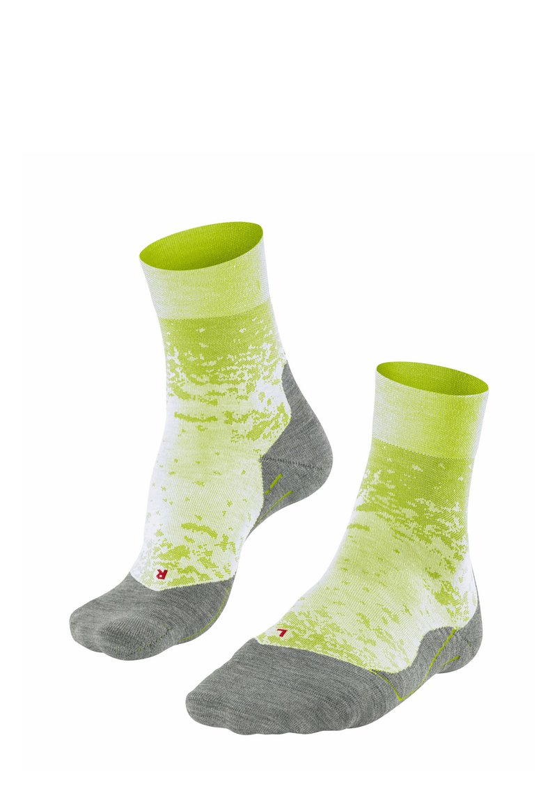 Socken mit einem Farbverlaufdesign in Hellgrün und Weiß, mit grauem Zeh und Ferse, aus einem strukturierten Strickmaterial gefertigt.