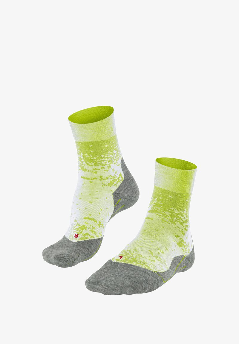 Socken mit einem Farbverlaufdesign in Hellgrün und Weiß, mit grauem Zeh und Ferse, aus einem strukturierten Strickmaterial gefertigt.