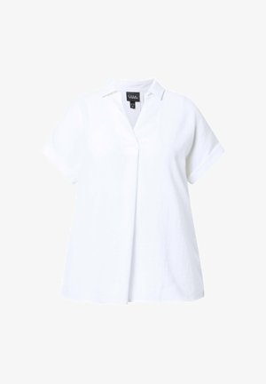 Witte blouse met korte mouwen, V-halskraag en losse pasvorm, met een merklabel aan de binnenkant van de halslijn.