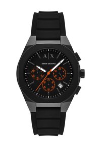 Svart Armani Exchange armbandsur med orange chronografur, vita visare, datumvisning vid klockan 4 och svart gummirem.