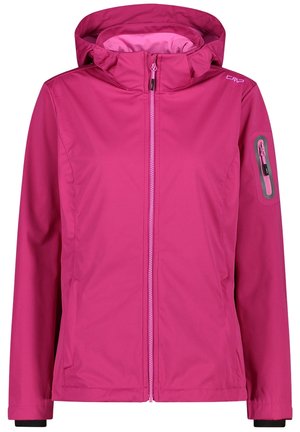 Veste d'extérieur femme rose vif à capuche, fermeture éclair devant et petite poche zippée sur la manche gauche, logo CMP sur l'épaule.