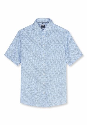 Hellblaues kurzärmliges Hemd mit Knopfleiste, kleinem dunkelblauem Paisley-Muster, klassischem Kragen und weißen Knöpfen.