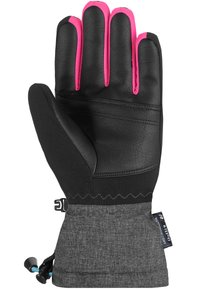 Schwarzer Lederhandschuh mit pinken Akzenten an den Fingern, strukturiertem Handflächenbereich und einem grauen Stoffbund mit einem Zugverschluss und Logoschild.