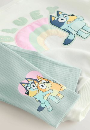 Világoszöld kapucnis pulóver nagy "BLUEY" felirattal és szivárvány grafikával. Karaktertervek az ujjakon; bordázott textúra és mandzsetta díszítések.