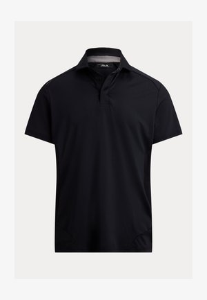 Czarna koszulka polo wykonana z gładkiego, elastycznego materiału. Posiada klasyczny kołnierzyk, rozporek na dwa guziki oraz boczne rozpory zapewniające swobodę ruchów.
