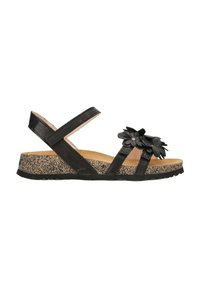 Černé kožené sandály s květinovými akcenty, korkovou podrážkou a nastavovacími popruhy. Vyšší texturovaná černá podrážka pro lepší přilnavost.