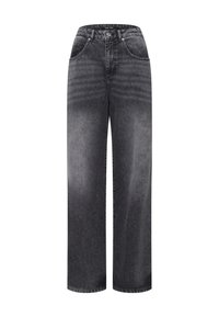 Weite Jeans in verblaßtem schwarzem Denim, mit hoher Taille, klassischem Fünf-Taschen-Design und subtiler Waschung an der Vorderseite.