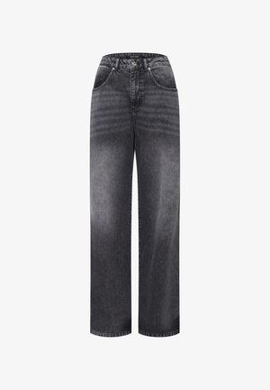 Wide-leg jeans in faded black denim, featuring a high waist, classic five-pocket design, and subtle whiskering on the front.