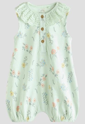 Helles grünes ärmelloses Jumpsuit mit einem rüschendekorierten Spitzenkragen, einer Knopfleiste mit drei Knöpfen und einem Blumenmuster in Pink-, Blau- und Gelbtönen.