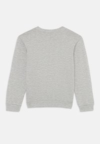 Sudadera gris con cuello redondo, mangas largas, puños y dobladillo acanalados, con una textura suave y lisa, sin patrones ni adornos.